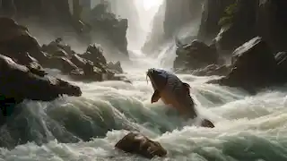 Li the carp struggles against violent rapids as he swims between jagged rocks in a rushing river.