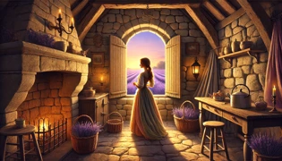 Cenicienta atendiendo la chimenea al amanecer en una cabaña campestre francesa, con golondrinas posadas en lo alto.