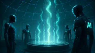 Uma espiral de cromo preto iluminada por orbes de dados liberados que se ergue sob uma cúpula estrelada