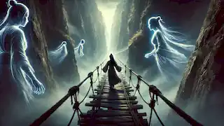 Mei-Ling crossing a rickety bridge over a misty gorge, spectral forms of her parents glowing in the distance.