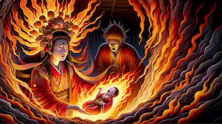 Izanami gives birth to Kagutsuchi, the fire god, as Izanagi looks on in horror, surrounded by flames.