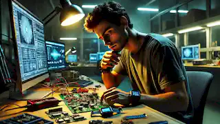 Alex working late at night in a cluttered lab, surrounded by electronics, tweaking his Memo device with intense focus.