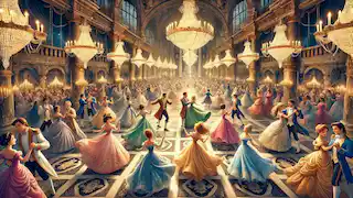 Princesses and princes joyfully dancing in a grand palace ballroom with crystal chandeliers and marble floors.