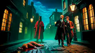 Mr. Utterson and Mr. Enfield witness Mr. Hyde trampling a young girl on a dark cobblestone street in London.