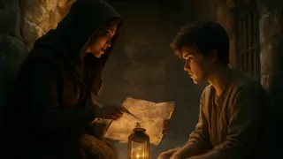young man in chains speaking to a noblewoman in a dim castle chamber
