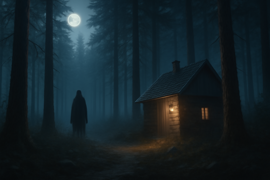 Eine silhouettenhafte Gestalt zwischen hoch aufragenden Kiefern unter dem blassen Mondlicht