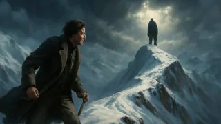 Víctor persiguiendo a la criatura a través de montañas heladas bajo un cielo oscuro