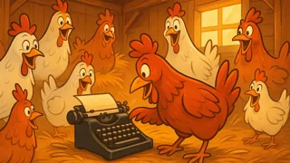 A group of ever-curious hens clustered around a typewriter as one pecks at the keys.