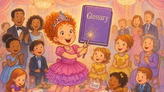 Fancy Nancy unveiling a magnificent glossary book at an extravagant gala filled with shimmering decor