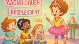 Fancy Nancy passionately teaching her friends sophisticated words in a colorful classroom setting