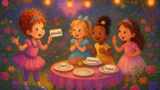 Nancy and her pals exchanging refined synonyms while dressed in festive attire in a whimsical garden