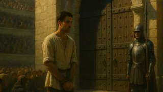 Darius hesita diante da porta da grande arena enquanto milhares de rostos o observam em suspense.
