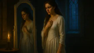 A princesa Kaela envolta pela luz do luar, dividida entre o amor e o ciúme antes do julgamento.