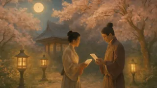 Prince Genji and lady amidst cherry blossom garden at dusk