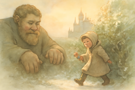A small child sneaking through the garden gate with a blooming flower in hand