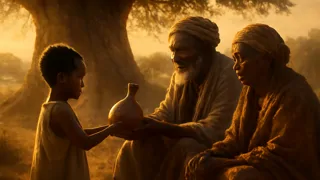 Jeune enfant versant de l'eau d'une calebasse à un ancien du village avant le rituel du maître de pluie.