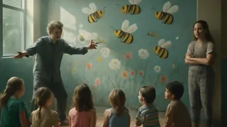 Children learn from Gordon about pollinators beneath Vivian’s lively bee mural at the rec center.