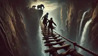 Chimponda and Mutale cross a narrow, crumbling rope bridge high above a deep chasm, while Njovu watches from the forest edge.