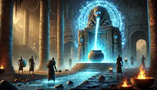 Chimponda pours sacred river water into a glowing pool at the shrine as the spirits awaken, while defeated warriors retreat in the background.