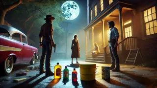 Vivian and Gordon confront Betsy Wilkes behind the town hall, paints and honey evidence at her feet.