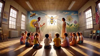 Children learn from Gordon about pollinators beneath Vivian’s lively bee mural at the rec center.