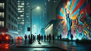 Vibrant murals on dark city walls at night