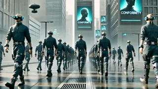 Cidadãos perambulando por uma cidade uniforme, equipados com dispositivos de deficiência severa