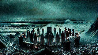 Cult ceremony on Innsmouth shore with hooded figures and torchlight