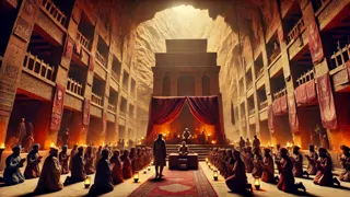 Crowning ceremony in a carved mountain hall