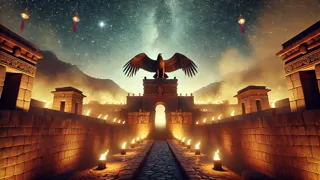 Goldener Kondor auf dem Dach eines beleuchteten Inka-Palasts in der Nacht