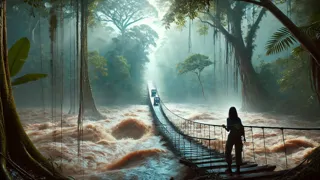 Explorador atravesando la densa vegetación mientras los rayos de sol atraviesan el dosel de la selva
