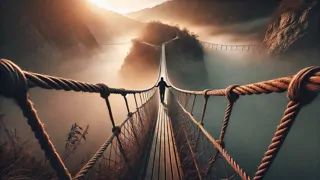Reisender überquert vorsichtig die Q'eswachaka-Seilbrücke im Morgengrauen, während der Nebel darunter liegt.