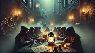 Ein geheimes Treffen in einer dunklen Gasse, bei dem maskierte Gestalten eine Rebellion gegen das Königreich planen.