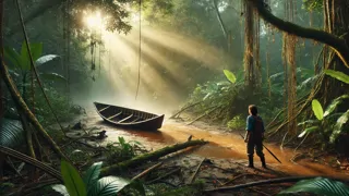 Dos figuras se abrazan en una orilla del río bañado por el sol y con un fondo de jungla