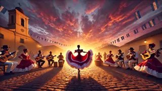 Ein Tänzer in roter und weißer Silhouette vor einem aufgegangenen Sonnenaufgang, umgeben von Musikern und Tänzern