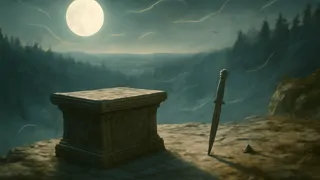 Un cuchillo ceremonial descansa contra un altar de piedra en el borde del acantilado bajo una luna nublada.