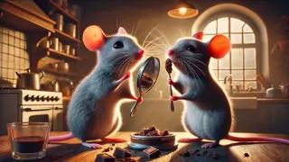 Un pequeño ratón usando un espejo de bolsillo para limpiar el chocolate de sus bigotes.