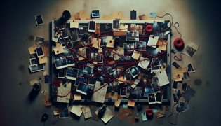 Investigation board plastered with photos, string connections and notes under a spotlight