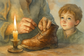 A cobbler mending a child’s worn boots with care in his workshop