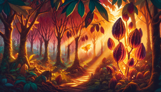 The Cocoa Fairy touching cocoa pods in a misty rainforest grove