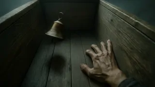 Brass safety bell attached to a coffin lid ringing in darkness