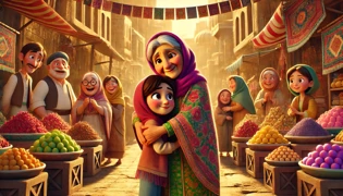 Tearful reunion of an elderly mother and her adult daughter at a sunlit courtyard gate