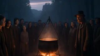 Villagers gather around a glowing iron pot at dusk, enticed by its promise