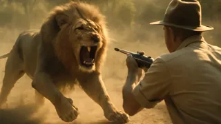 Francis Macomber facing a charging lion with rifle raised amid swirling dust