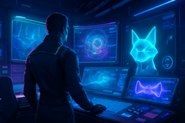 Engineer amidst holographic energy flow panels in Control Vault Seven