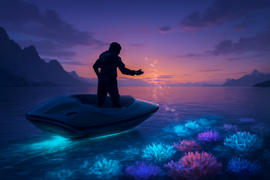 Engineer and AI seeding glowing synthetic coral in twilight bay