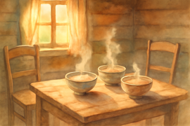 The three bowls of porridge set on the wooden table inside the bears’ cottage.