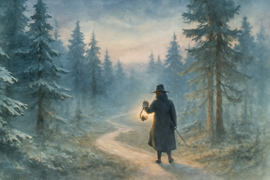 El granjero Ivan entra en el bosque cubierto de escarcha bajo la luz de la linterna.