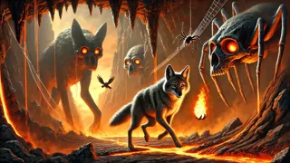 Um coiote escapando com uma brasa luminosa de uma caverna de guardiões de magma, enquanto seus aliados o apoiam.
