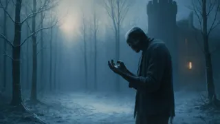 La criatura aislada en un bosque helado al amanecer, enfrentándose a su propio reflejo.